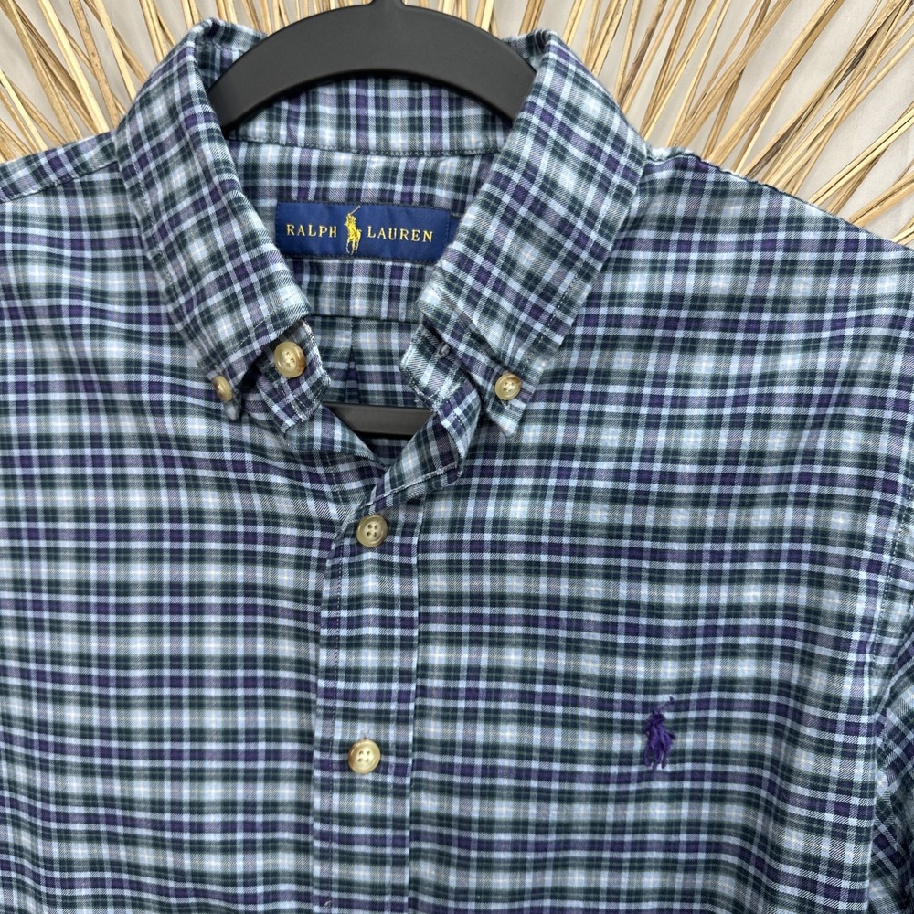Ralph Lauren Sz Small Men's Button‎ Down Purple Plaid Pony Player Long Sleeve